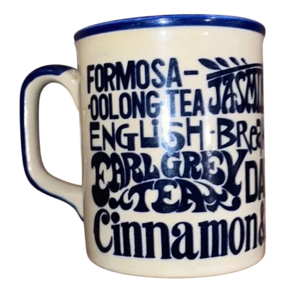 Vintage 1970s Tea Lover Mug Blue Rim Ceramic Cup Groovy Font